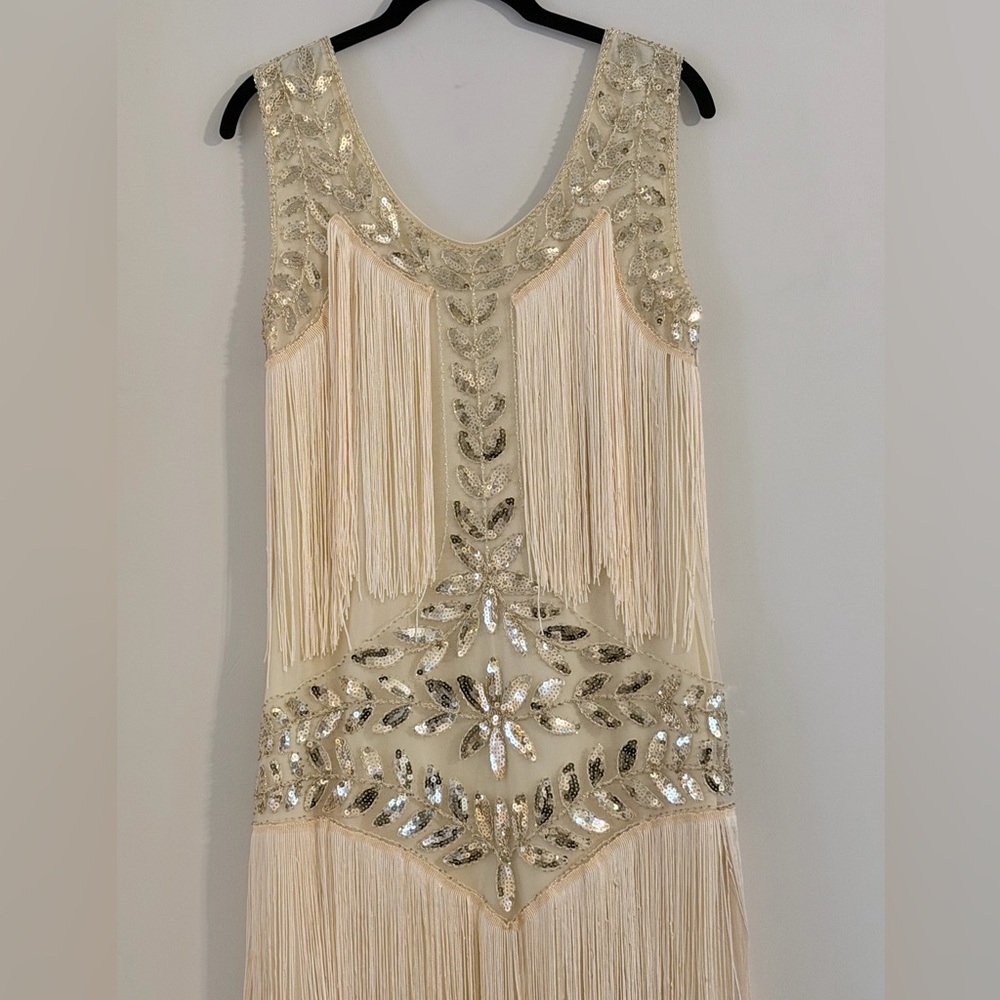 Sequin 1920 Flapper Gatsby Beaded Fringe Midi Dress Size M - Picture 7 of 14
